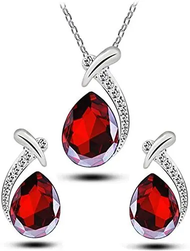 Produktbild: PULABO Damen Kristall Anhänger Kette Halskette Ohrstecker Schmuck Set (Rot) bequem