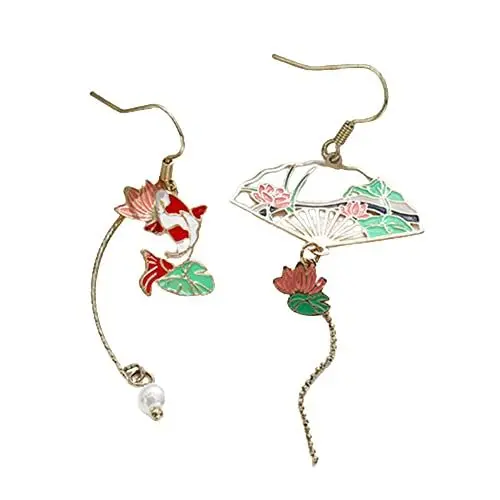Produktbild: PULABO Lotus-Faltfächer im chinesischen Stil, asymmetrische Quasten-Ohrringe für Frauen, nationaler Stil, Ohrringschmuck beliebt ﻿