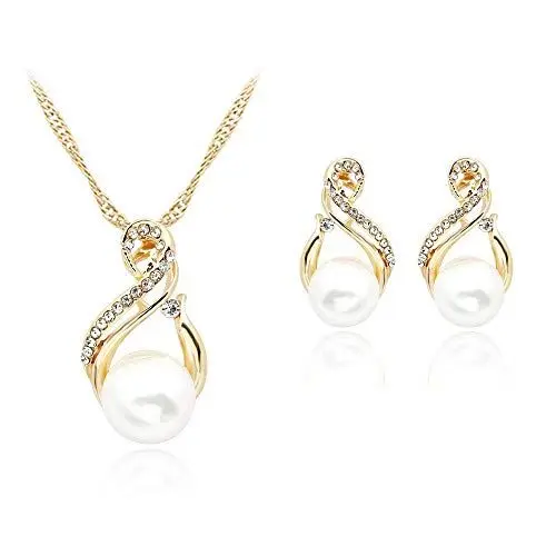 Produktbild: PULABO Weiße Perle Kristall Strass Anhänger Halskette Ohrstecker Schmuck-Set schönes Geschenk für Mädchen neu freigegeben und beliebt bequem
