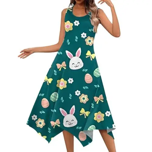Produktbild: PULASSI Festliche Kleider für Damen Osterkleid Sommer Ärmellos Ostereier Nettes Kleider Casual Tank Maxi Kleid Strandkleid