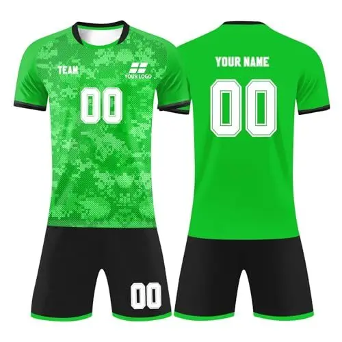 Produktbild: PULASSI Fussball Trikot Kinder Jungen Set Personalisiert Fußball Trikot mit Eigenem Namen Nummer Team Logo für Erwachsene und Kinder Football FussballTrikot Grün