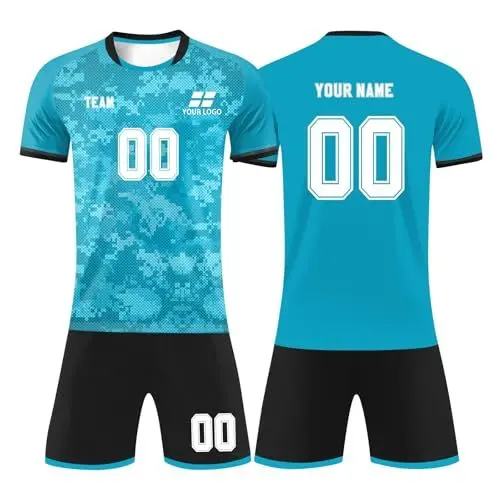 Produktbild: PULASSI Fussball Trikot Kinder Jungen Set Personalisiert Fußball Trikot mit Eigenem Namen Nummer Team Logo für Erwachsene und Kinder Football FussballTrikot Blau