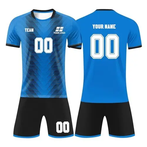 Produktbild: PULASSI Fußballtrikot mit eigenem Namen Logo Nummer,Personalisierte Fußballtrikot Erwachsene Kinder, benutzerdefinierte Fussball Trikot Shorts Set Jungen Herren Blau
