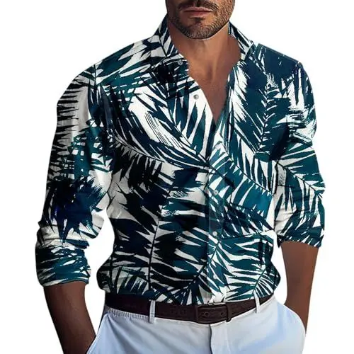 Produktbild: PULASSI Hemden Herren Boho Cocktail Hemder Knöpfen Tropischer Druck mit Reverskrage Hemdes Herrenen Anliegend übergröße Langarm Frühling Blau