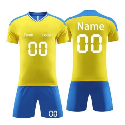 Produktbild: PULASSI Personalisiertes Football Trikot Kinders Erwachsene Fusstball Shorts&Trikots mit GRATIS Name Nummer Team Logo Fußball Trikot Jungen Herren Gelb