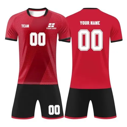 Produktbild: PULASSI Trikot Personalisiert Kinder, Fußball Trikots Shorts Set für Kinder/Erwachsene, Fussball Jersey Trainingsanzug für Junge Herren, Trikot mit Eigenem Namen & Nummer & Logo Fußball Trikot Rot