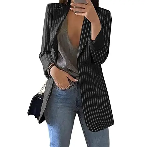 Produktbild: PULASSI Weißer Blazer DamenAnzüge Women's Langärmlig Coat Frühjahr Polyester Blazer Women Coole Lässige Weitee Schule Gestreifter übergröße Sexy Ausschnitt