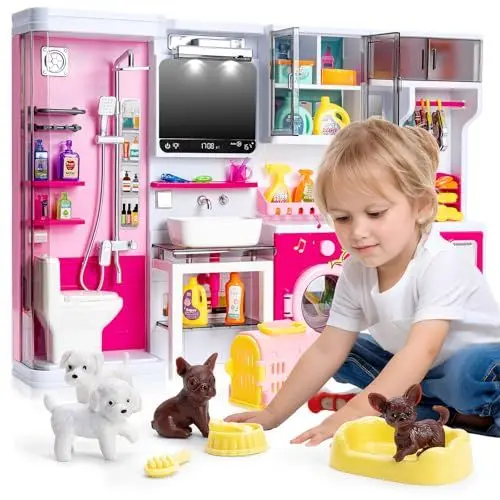 Produktbild: PULIOU 4-in-1 Waschküche Spielzeug für Kinder, Kinderspielzeug für das Badezimmer mit Verschiedenem Waschzubehör, Mädchenspielzeug, Geeignet für Kinder ab 3 Jahren, Realistisches Rollenspiel