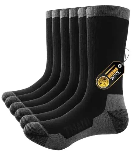 Produktbild: PULIOU Merino Socken Herren Damen,Thermosocken Wandersocken Outdoor & Trekking-Socken, Anti-Blasen, Gepolstert Arbeitssocken Wintersocken, Schwarz 43-46