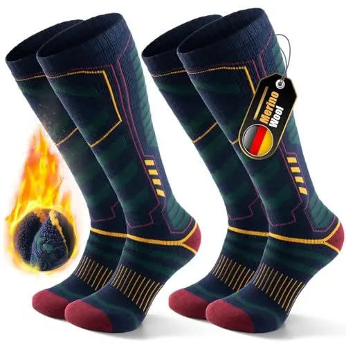 Produktbild: PULIOU Skisocken Merinowolle, Thermosocken Herren Snowboarden, Atmungsaktiv Schnell Trocknend Antiblasen Warme Dicke Merino Socken Für Kaltes Wetter Herren Damen Jugendliche 35-51(2 Paar) Grün L