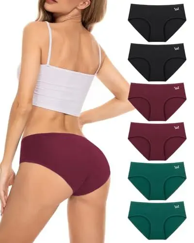 Produktbild: PULIOU Unterhosen Damen Baumwolle Stretch Unterwäsche Frauen Slips Mittel Taille Atmungsaktiv Panties Hipster Mehrpack 6er Pack, Schwarz Rot Grün M