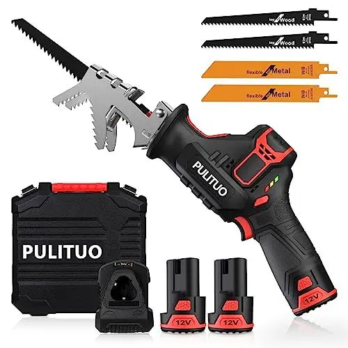 Produktbild: PULITUO 12V Akku Säbelsäge mit 2x2.0Ah Batterien 4xSäbelsägeblatt,variabler Drehzahl von 0 bis 2700 RPM,Elektrische Reciprosäge mit 1 Stunde Schnellladegerät,Professional Säbelsäge