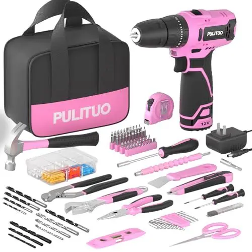 Produktbild: PULITUO 12v Akkubohrer-Set,Power Drill Kit mit Lithium-Ionen,3/8-Zoll schlüsselloses Bohrfutter, 2 variable Geschwindigkeiten 20+1 Drehmomenteinstellung ，280 inch-lbs mit LED-Elektrobohrer-Set rosa