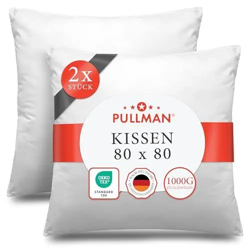 Produktbild: Pullman Kopfkissen 80x80 cm – 2er Set Hotelqualität Mikrofaser Kissen für Nackenschmerzen, Bequemes Allergiker Schlafkissen mit 1000 g Füllmaterial, Oeko-Tex zertifiziertes Bett Kissen (80 x 80)