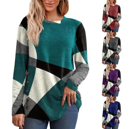 Produktbild: Pullover Damen Damenpullover Langarm Frühling Winter Warm Strickpullover Damen Rundhals Farbblock Langarmshirt Damen Top Schwarz Schlitz Tunika Elegant Oberteile mit Knöpfen(Grün,L)