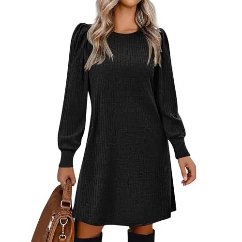 Produktbild: Damen Herbstkleid A Linie Elegant Strickkleid Damen Langarm Einfarbig Kleid Winter Geripptes mit Taschen Pulloverkleid Damen Frühling Strickkleider Frauen Leicht Kleider Freizeit Locker