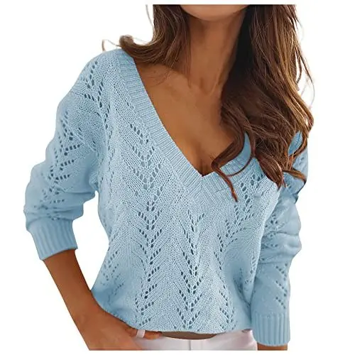 Produktbild: Pullover Damen Lange Ärmel Pullover Hochzeit Netz Solid Jersey Gemütlich Tief geschnitte Pullover Damen Lockeres Herbst V Ausschnitt Lässige Blau