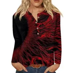 Produktbild: Pullover Damen Lockeres Pullover Mehrfarbig Rundhals Langarm Halloween SPOR Blusen Women Plus Coole Dicke Basic mit Knöpfen Rot