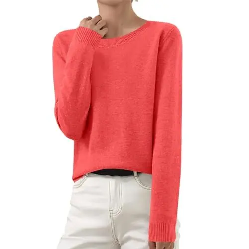 Produktbild: Pullover Damen Wickelpullover Damen Pullover Für Damen Leichte Rundhals Pullover Langen Ärmeln Hausanzug Einfarbig Sof Sweatshirt Women's Mode Herbste Baumwolle Übergrößen Zinnober