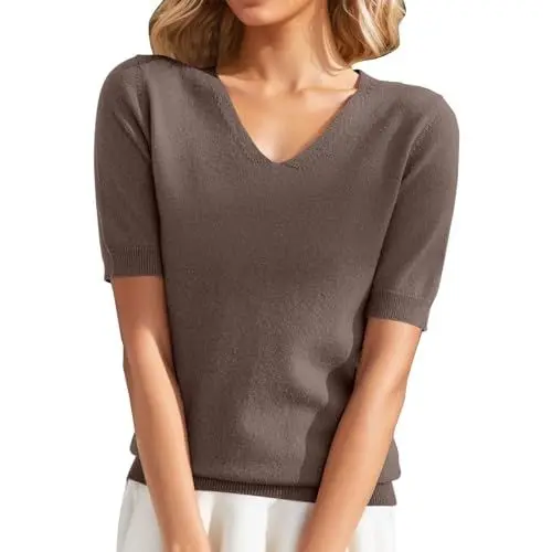 Produktbild: Pullover Damen Sommer Kurzarm Bluse Elegante Einfarbig Strickpullover V-Ausschnitt Tops Bequeme Gestrickte Oberteile Cropped Slim Fit Y2K Damenblusen Kurzarmshirt Basic Sweatshirt