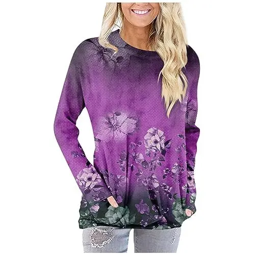 Produktbild: Pullover Damen Urlaub Lange Ärmel Loose Longtops Bequemer Mit Taschen Longtops Frauen Dünner Frühlingse Mit Rundhals Scöne Tunikas mit Blumenmuster