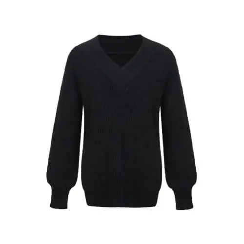 Produktbild: Pullover Damen V Ausschnitt Langarm Weiche Basic Dicke Sweater, Schwarz XXL