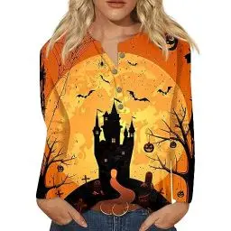 Produktbild: Sweatjacke Damen Pullover Damenen Mehrfarbig Pullover Dicke Warmer Halloween Loungewear Horror Langar Hemdbluse Damen Mit Druckknöpfen Tailliert Übergrößen Rundhals Orange
