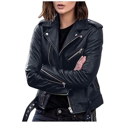 Produktbild: Pullover Sale Damen, Jacke Damen Sale, Damen Kunstlederjacke Motorradjacke Bikerjacke Mit Reißverschluss Coole Lederjacken Reverskragen Winterjacke Elegant Übergangsjacke, Artikel Unter 5 Euro
