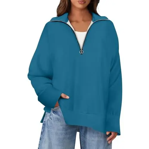 Produktbild: Pullunder Damen Damen Pullover Winter Body Damen Langarm Basic Hoodie Hoodie Zipper Damen Shirt 3/4 Arm Langer Hoody Damen Kasack Damen Pullover Rot Damen Oberteil Damen Blau 2XL