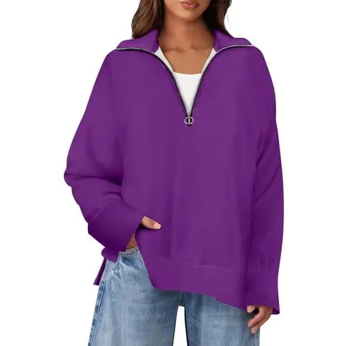 Produktbild: Pullunder Damen Kasack Wollpulli Damen Longpullover Dirndlbluse Schwarz Spitze Damen Pullover Baumwolle Pullover Women Hoodie Kasack Damen Longshirt Weihnachts Tshirt Damen Lila M