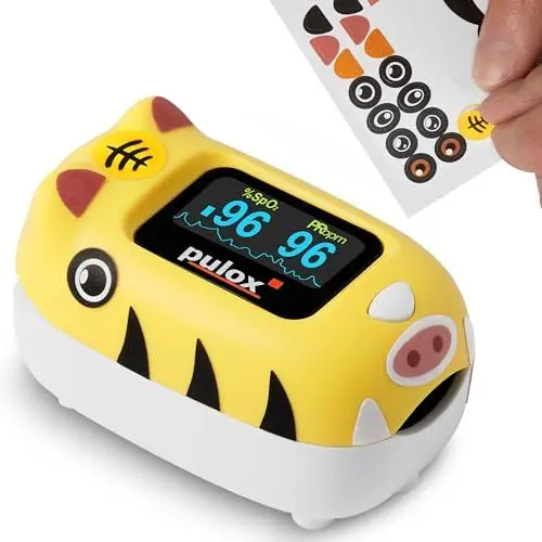 Produktbild: Pulox PO-230 Finger-Pulsoximeter für Kinder in Gelb, Messung von SpO2 und Puls in wenigen Sekunden - mit Stickern zum selbst bekleben