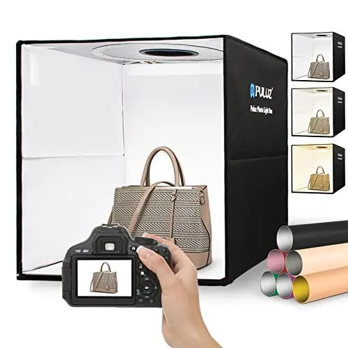 Produktbild: PULUZ Fotobox 40x40x40cm Faltbare Lichtbox Fotografie Tent Kit mit Dimmbaren 3 Farben Temperaturen 160 LEDs Lichter 6500K & USB-C & 12 Foto-Hintergründe für Schmuck Produktfotografie