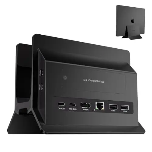 Produktbild: PULWTOP MacBook Docking Station, Vertical USB C Docking Station with M.2 NVMe SSD Case, 4K and 60 Hz, 2 x USB C10 Gbps, Laptop Stand MacBook Dock Compatible with MacBook, Mac Mini and Laptop, Black