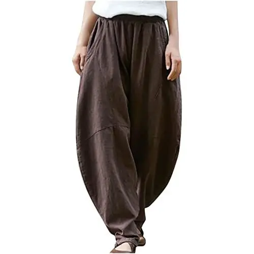 Produktbild: Pumphose Damen Freizeit Hose Sommer Baumwolle Leinenhose mit Taschen Stoffhose Lose Modische Laufhosen Angenehm Luftig Elegant Casual Einfarbig Freizeithose für Reisen Casual Daily Outing