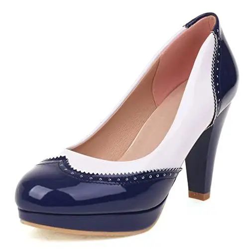 Produktbild: Pumps mit Damen Kegel Ferse, Höhe Ferse Pumpe Runde Zehen Ohne Verschluss Party Schuhe mit Plateau Zweifarbig Klassische Eikwvf Blau Gr 37 EU