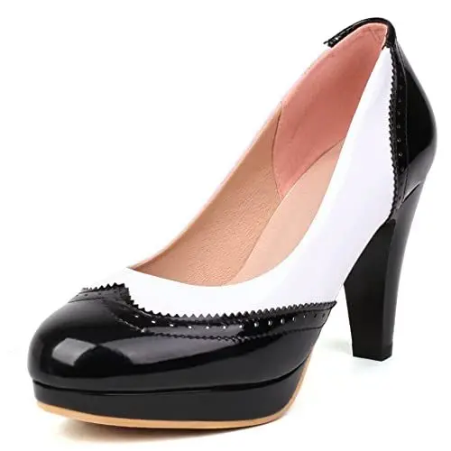 Produktbild: Pumps mit Damen Kegel Ferse, Höhe Ferse Pumpe Runde Zehen Ohne Verschluss Party Schuhe mit Plateau Zweifarbig Klassische Vajflu Schwarz Gr 37 EU