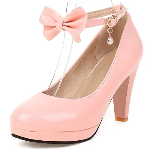Produktbild: Pumps mit Damen Kegel Ferse, Höhe Ferse Pumpe Runde Zehen Schnalle Party Schuhe mit Plateau Knöchelriemchen Bogen Elegant Lfdrxj Pink Gr 50 EU