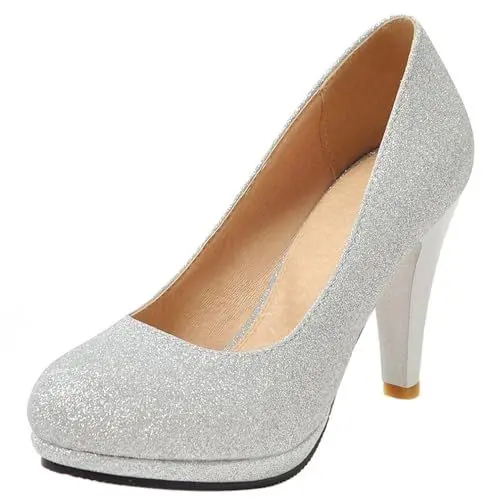 Produktbild: Pumps mit Damen Kegel Ferse mit Plateau Glitzer Höhe Ferse Schuhe Runde Zehen Ohne Verschluss Elegant Glitzer Schuhe, R517Bv Silber Gr 44 EU/46Cn
