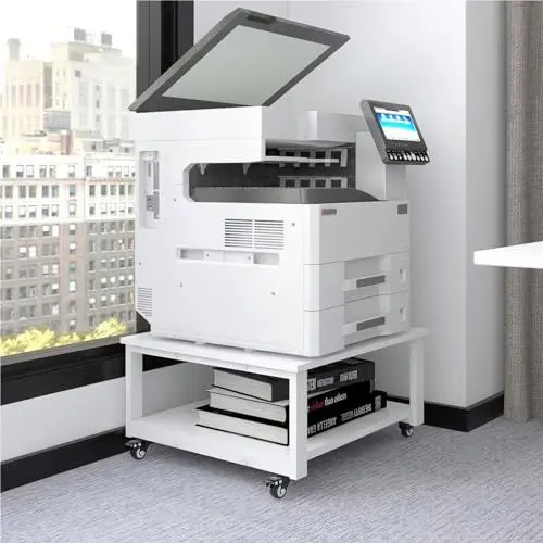 Produktbild: PUNCIA 2-Schichter Druckertisch mit Rollen 60 x 60 x 32 cm Druckerständer aus Holz & Metall Druckerwagen Druckerhalter Druckerregal für großen Drucker Scanner Büro Zuhause Office Schule Weiß
