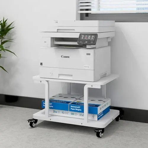 Produktbild: PUNCIA 2-schrichte Druckertisch Druckerständer mit Rollen 60 x 50 cm mobiler Druckerwagen Druckerregal aus Holz & Metall Druckerschrank für großen Drucker Scanner Arbeitszimmer Büro Schule Weiß
