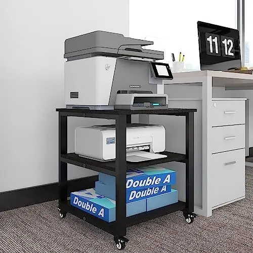 Produktbild: PUNCIA 3-Ebene Druckertisch mit Universalrollen mobiler Druckerständer Druckerwagen Rollwagen Aufbewahrungsregal 50 x 50 x 50 cm Schwarz für Büro Zuhause Office Schule Arbeitszimmer