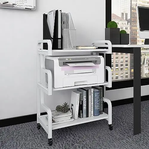 Produktbild: PUNCIA 3-Stufiger Druckerständer Druckertisch mit Rollen Druckerhalter mobiler Druckerregal Druckerwagen Druckerschrank Regal für Drucker Scanner Büro Schule Arbeitszimmer Home Office Weiß