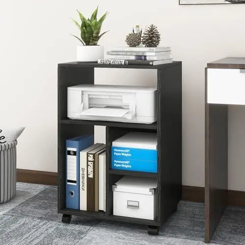 Produktbild: PUNCIA Aktenschrank mit Rollen Büroschrank mit 4 Ablage Mobiler Rollcontainer Druckerständer aus Holz verstellbar für Akten Dokumente DIN A4 Bürowagen für Büro Office Zuhause Arbeitszimmer Schwarz
