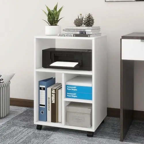 Produktbild: PUNCIA Aktenschrank mit Rollen Büroschrank mit 4 Ablage Mobiler Rollcontainer Druckerständer aus Holz verstellbar für Akten Dokumente DIN A4 Bürowagen für Büro Office Zuhause Arbeitszimmer Weiß