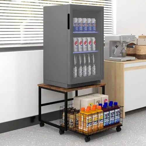 Produktbild: PUNCIA Kühlschrankständer auf Rollen Kühlschrankhalter mit Metallkorb Untergestell für Kühlschrank Sockel für Gefrierschrank Ausziehbarer Aufbewahrungskorb Küche Wohnzimmer Arbeitszimmer Büro Retro