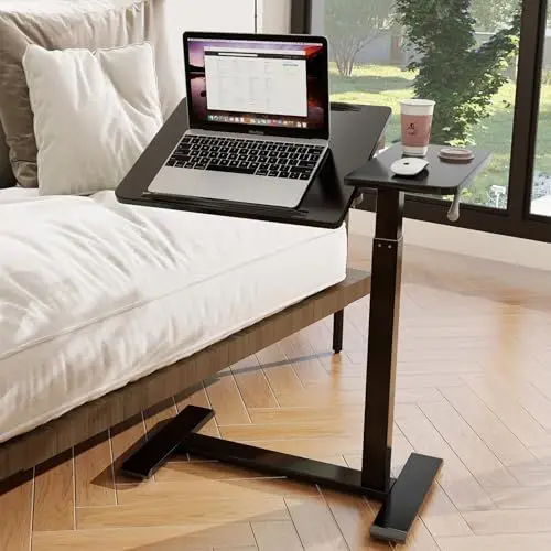 Produktbild: PUNCIA Laptoptisch höhenverstellbar 70-100cm drehbarer Laptopständer mit Rollen mobiles Stehpult Überbett-Tisch ergonomisch Steh-Sitztisch Präsentationswagen für Bett Sofa Büro Office Schwarz