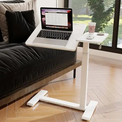 Produktbild: PUNCIA Laptoptisch höhenverstellbar 70-100cm drehbarer Laptopständer mit Rollen mobiles Stehpult Überbett-Tisch ergonomisch Steh-Sitztisch Präsentationswagen für Bett Sofa Büro Office Weiß