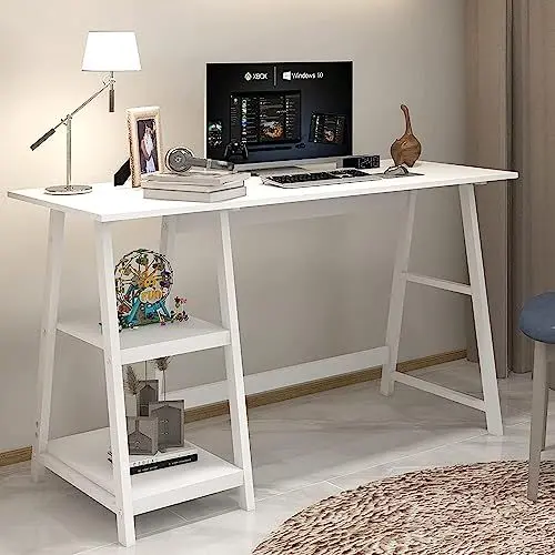 Produktbild: PUNCIA Schreibtischtisch 110 cm Computertisch Bürotisch mit 2 Ablagefächer auf linken/rechten Seiten multifunktionalen Regale PC-Tisch mit Stauraum für Arbeitszimmer Büro Office Schule Weiß