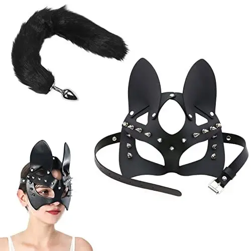 Produktbild: Punk Harness Damen Leder Maske Nieten Augenmaske mit Analplug Fuchsschwanz,BDSM Maske Augenbinde & Buttplug Schwanz Dildo,Bondageset Fessel Set Paaren Cosplay Sex Spielzeug ab 18 für Paare Extrem Sex