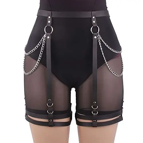 Produktbild: Punk Harness Damen Leder Strumpfband Gürtel mit Hüftketten,Einstellbar Gothic Kleidung Damen Bondage Geschirre,Sexy Taille Bein Käfigbetten mit Bein Kette,BDSM Spielzeug Dessous für Sex Spiele
